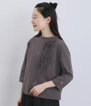 コットンシルケットモックネック6分袖フリルTシャツ