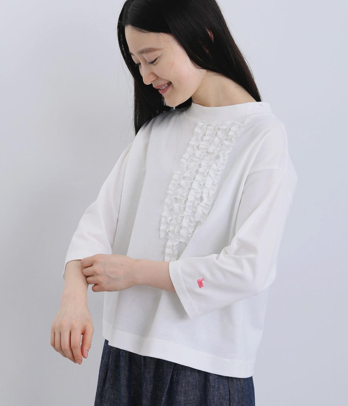 コットンシルケットモックネック6分袖フリルTシャツ(オフホワイト-F)