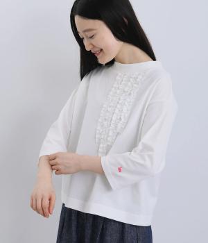 コットンシルケットモックネック6分袖フリルTシャツ(オフホワイト-F)