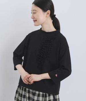 コットンシルケットモックネック6分袖フリルTシャツ(ブラック-F)