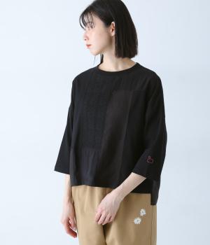 USコットンmisc布帛7分袖Tシャツ(ブラック-F)