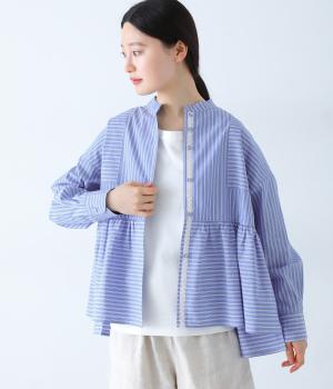 コットンスタンドカラーペプラムシャツ(ブルー-F)