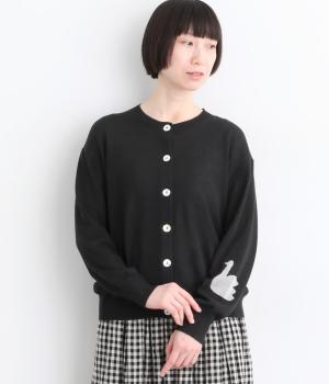 スワンインターシャクルーカーディガン(ブラック-F)