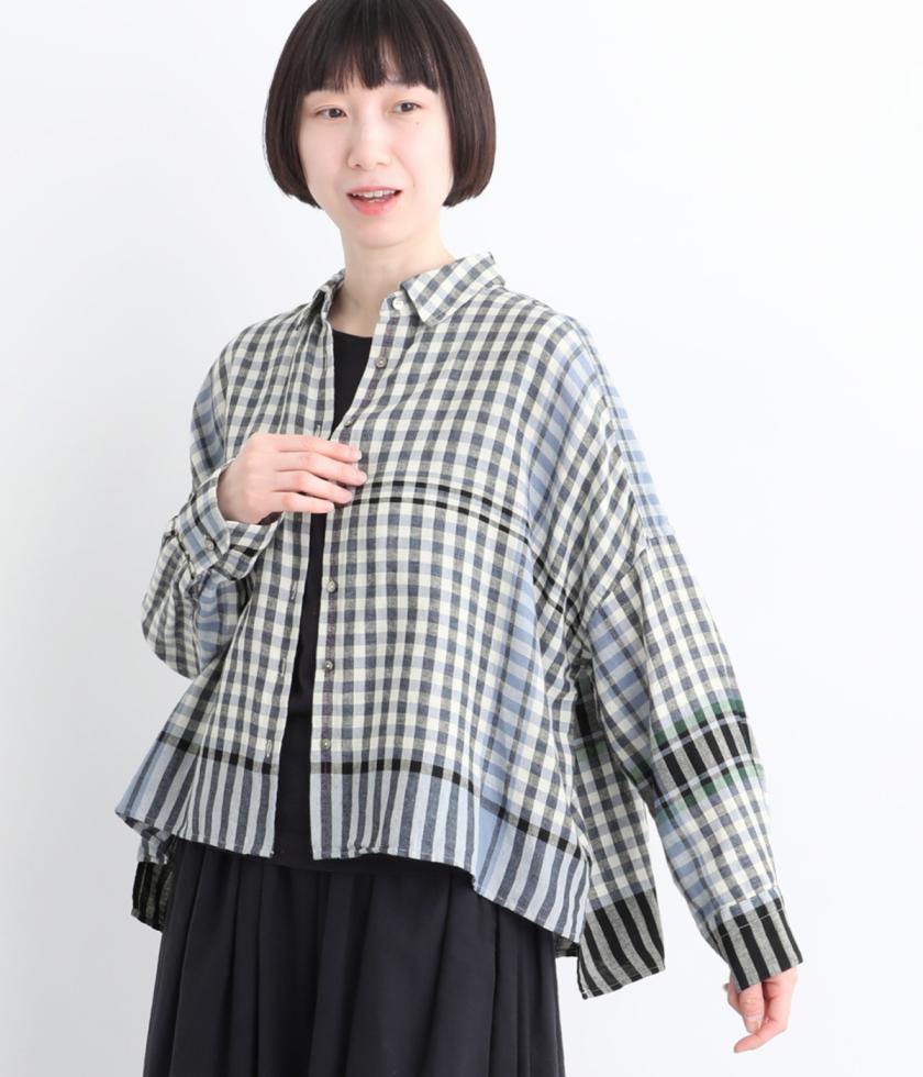 コットンリネンキッチンクロス風パネルチェックシャツ
