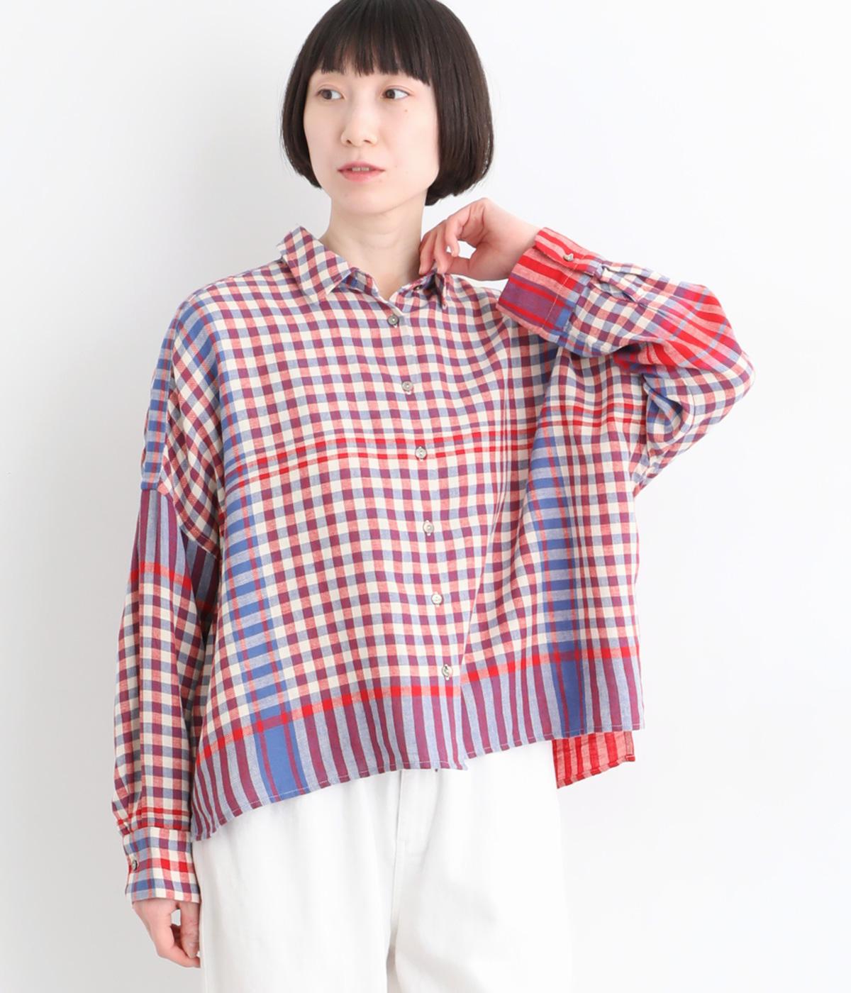 コットンリネンキッチンクロス風パネルチェックシャツ(レッド-F)