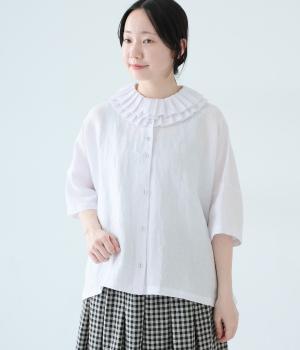 リネンダブルプリーツ襟5分袖ブラウス(オフホワイト-F)