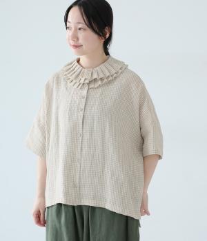 リネンダブルプリーツ襟5分袖ブラウス(ギンガム-F)