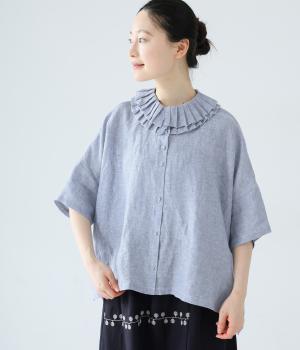 リネンダブルプリーツ襟5分袖ブラウス(ライトブルー-F)