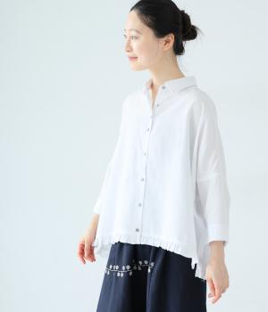 リネンレーヨン6分袖裾フリルクロップドシャツ(オフホワイト-F)