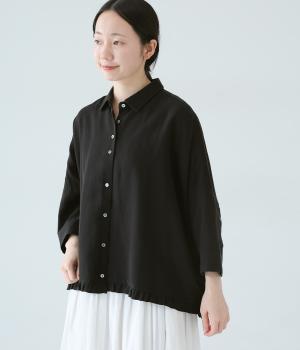 リネンレーヨン6分袖裾フリルクロップドシャツ(ブラック-F)