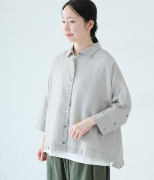 リネンレーヨン6分袖裾フリルクロップドシャツ(ライトブルー-F)