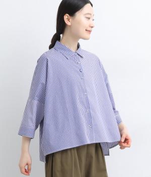 コットンタイプライタークロップド6分袖ワイドシャツ(ブルーギンガム-F)