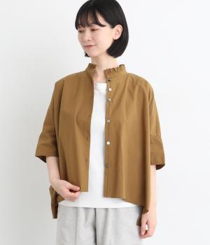 コットンcielスタンドフリル5分袖シャツ(キャメル-F)
