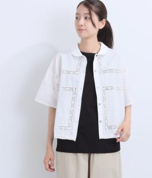 コットンローンハンカチ風刺繍半袖シャツ(オフホワイト-F)