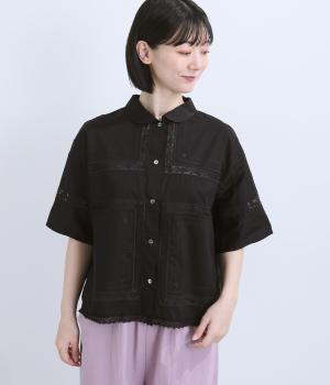 コットンローンハンカチ風刺繍半袖シャツ(ブラック-F)