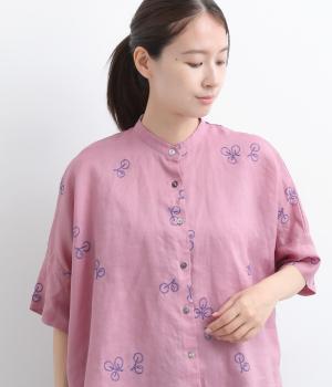 リネンラミーユーカリ刺繍半袖シャツ(ピンク-F)