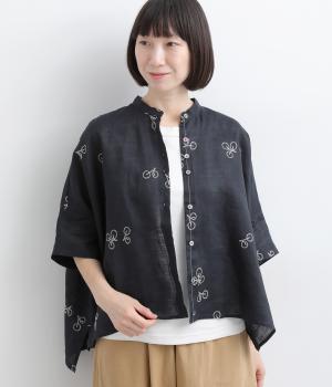 リネンラミーユーカリ刺繍半袖シャツ(ネイビー-F)