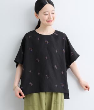リネンレーヨン花刺繍ブラウス(ブラック-F)