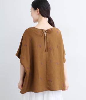 リネンレーヨン花刺繍ブラウス(キャメル-F)