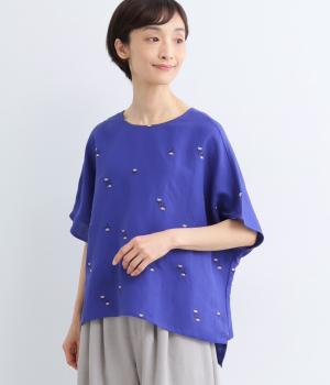 リネンレーヨン花刺繍ブラウス(ダークブルー-F)