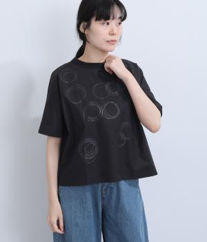 ぐるぐるプリント布帛半袖Tシャツ(ブラック-M)