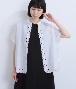 ラミー刺繍フレンチスリーブシャツ(オフホワイト-M)