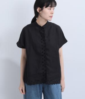 ラミー刺繍フレンチスリーブシャツ(ブラック-M)
