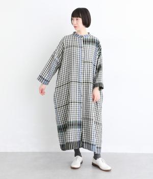 コットンリネンキッチンクロス風パネルチェック2wayワンピース