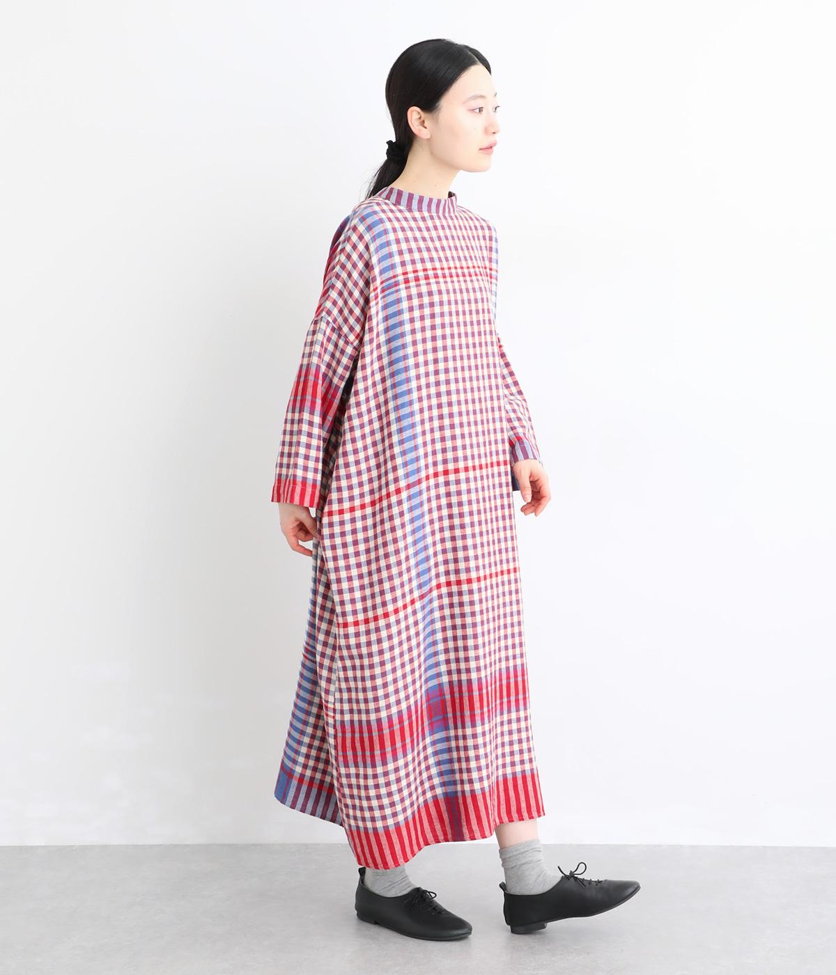 コットンリネンキッチンクロス風パネルチェック2wayワンピース(レッド-F)