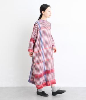 コットンリネンキッチンクロス風パネルチェック2wayワンピース(レッド-F)