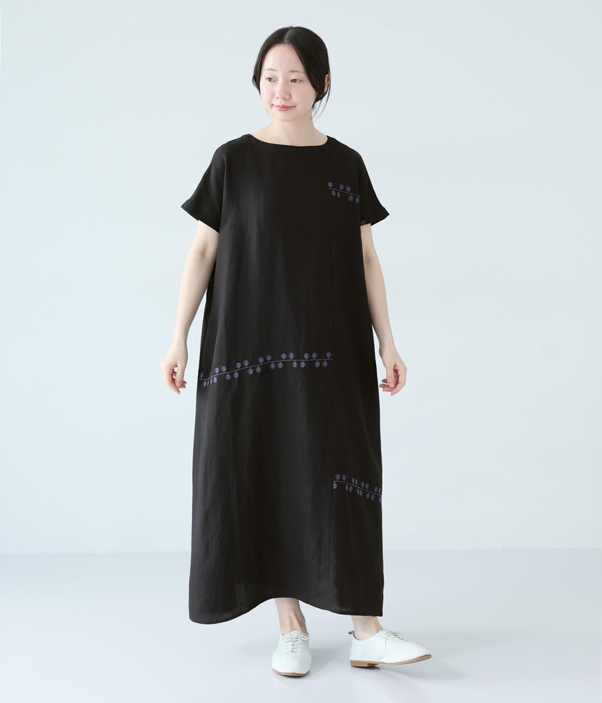 リネンレーヨンライン刺繍2wayワンピース(ブラック-F)