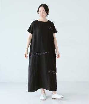 リネンレーヨンライン刺繍2wayワンピース(ブラック-F)