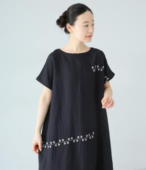 リネンレーヨンライン刺繍2wayワンピース(ネイビー-F)