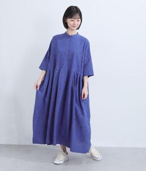 リネンレーヨンスワンプリント切り替えワンピース(ダークブルー-F)