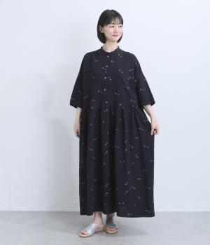 リネンレーヨンスワンプリント切り替えワンピース(ネイビー-F)