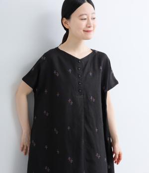 リネンレーヨン花刺繍2wayワンピース(ブラック-F)
