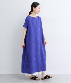 リネンレーヨン花刺繍2wayワンピース(ダークブルー-F)