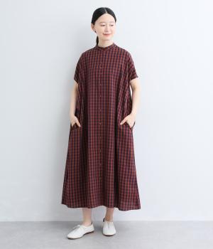 スタンドカラーフレンチスリーブワンピース(キャメル-F)