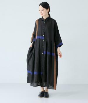【8月上旬発売予定】リネンラインパネルウエスト切り替えワンピース(ブラック-M)