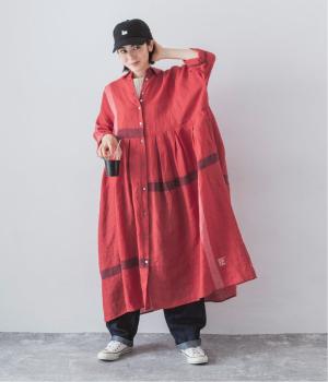 リネンラインパネルウエスト切り替えワンピース(レッド-M)