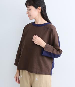 Cloche スワン刺繍布帛9分袖カットソー（ブラウン・M）