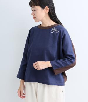 Cloche スワン刺繍布帛9分袖カットソー（ネイビー・M）