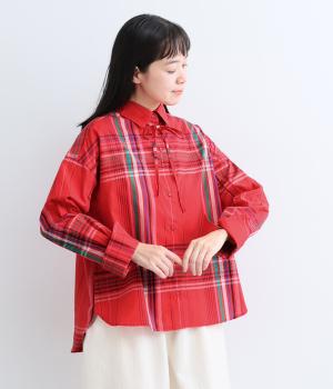 ラージチェック袖開きデザインシャツ（レッド・M）