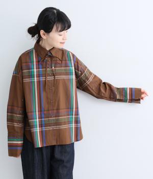 ラージチェック袖開きデザインシャツ（キャメル・M）