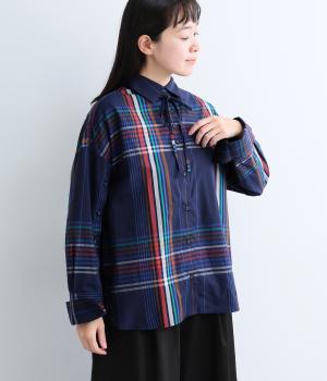ラージチェック袖開きデザインシャツ（ネイビー・M）