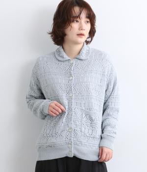 透かし編み襟付きボタンあきセーター（ライトブルー・M）