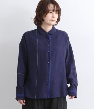 ライン入りリネンコットンビエラ丸襟シャツ（ネイビー・M）