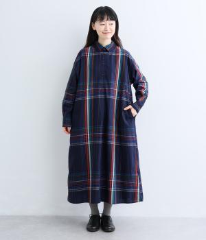 cornetラージチェックシャツワンピース（ネイビー・M）