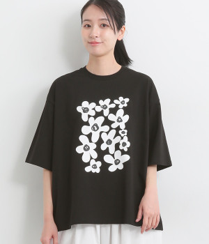 フラワープリントT(ブラック-ONESIZE)