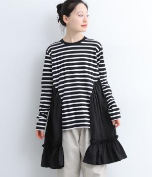 コットンボーダーフリルロンTシャツ(ブラック-2)